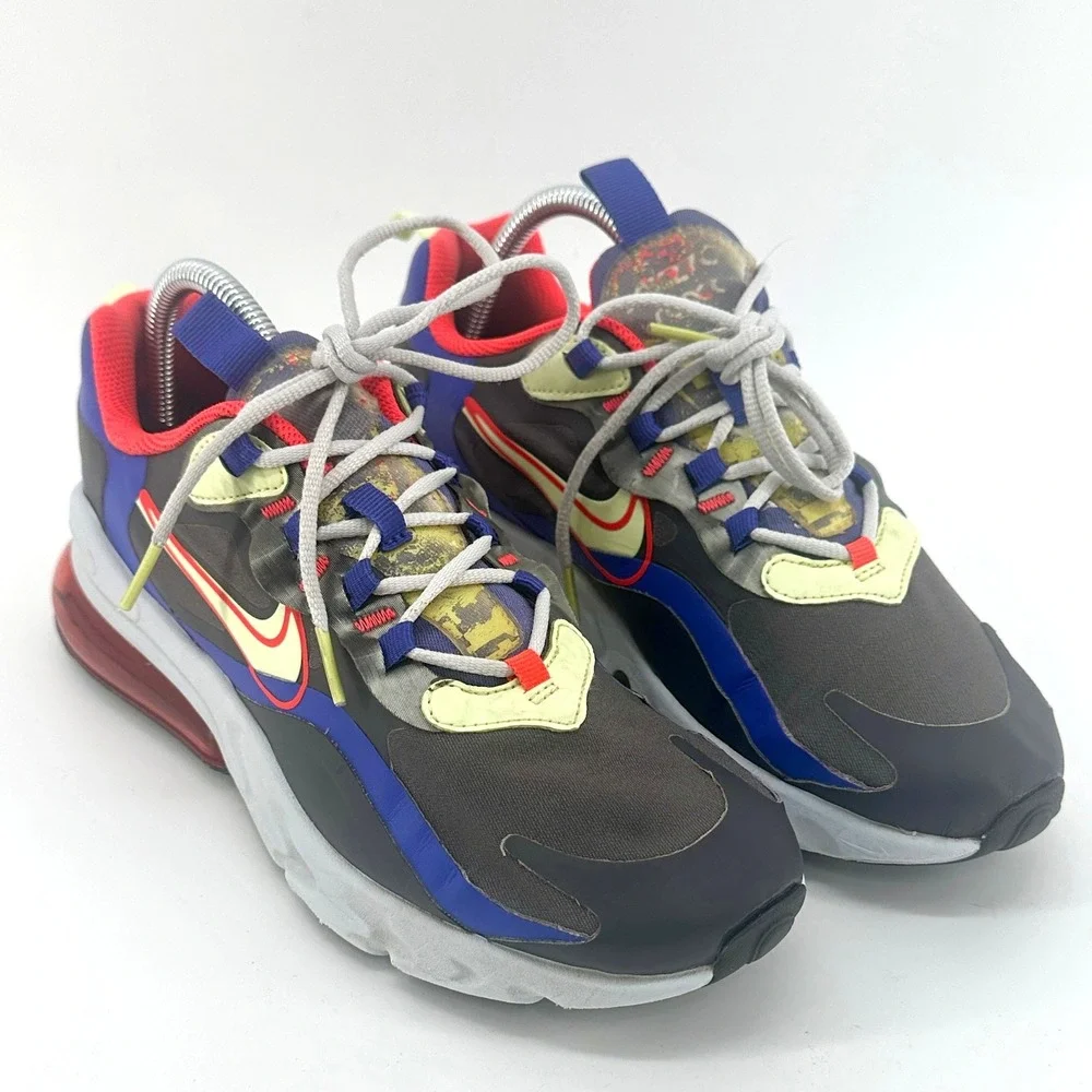 Nike Air Max 270 React Kids 7Y Gray Blue Red Yellow CT1630-001 Low Top Sneakers